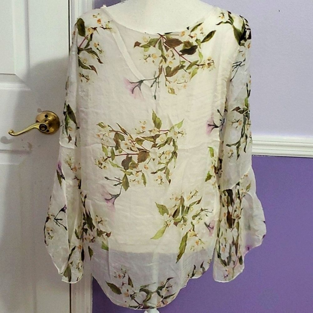 Viola Borghi Boho Romantic Cream Floral Ruffle Sleeve Flowy Silk Top L - Picture 6 of 10
